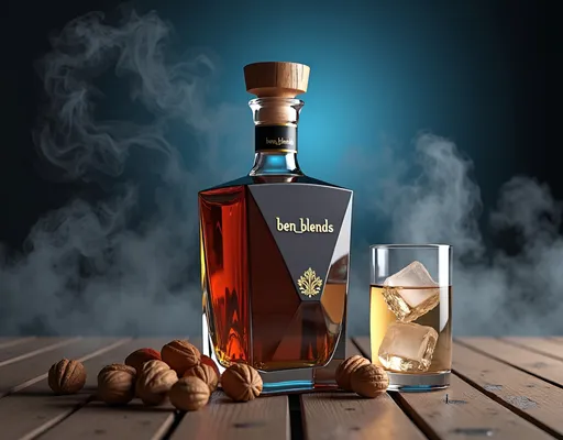 Prompt: large faceted squared off masculine shaped bottle,  small gold decal on the bottle,radiused wooden stop on the top with words "ben_blends" burnt into it,  ornate highball glass beside it with 2 ice cubes inside, rough worn burnt wood floor slats underneath, scattered about various sizes of walnuts, thick swirling smoke in the background behind the bottle, high quality rendering, realistic 3D modeling, industrial, detailed components, dramatic lighting, studio lighting effects, blue rim light, commercial photograph, transparent shadows, dynamic composition, product shot, intricate details, professional, highres, ben_blends design