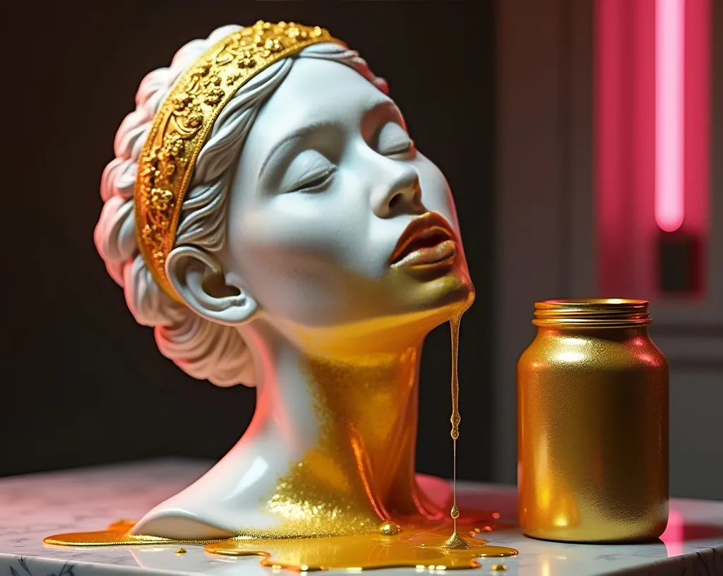 Prompt: rough carved wax statue subsurface scattering, head neck of a women, thick sparkling gold paint dripping splattering from mouth running dripping down chin, delicate ornate necklace on, gold headband high on head, elegant tilt to the head, eyes closed, gold paint goo splatter on a marble table, and a large paint covered jar of gold paint spill, studio lighting, pink rim light, art studio environment, photorealism, hyper real, moderate light bloom