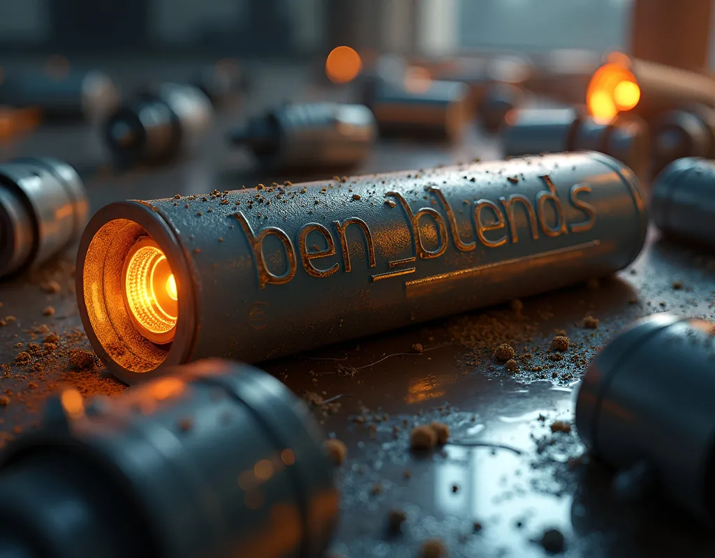 Prompt: high quality rendering, realistic 3D modeling, industrial, with the words "ben_blends" embossed(focal point), detailed components, dramatic lighting, studio lighting effects, commercial photograph, transparent shadows, dynamic composition, product shot, intricate details, professional, highres, ben_blends design