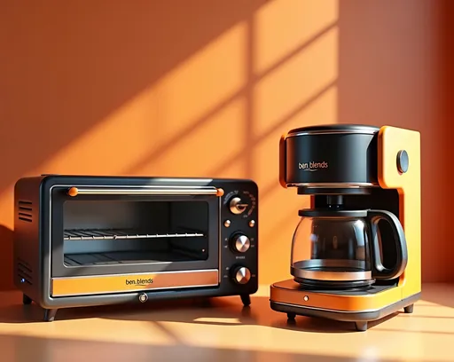 Prompt: Create a perfectly lit studio photograph featuring a nostalgic tech aesthetic with a vintage toaster oven and a classic coffee maker. The design should emphasize smooth lines and retro shapes, showcasing warm color accents of orange and black, complemented by brushed aluminum finishes. Include the logo 'ben_blends' in a rounded bold font, ensuring it is prominently displayed in a visible area on the back ground, easy to read. The background should be minimalistic, allowing the appliances and the logo to stand out as the focal point, highlighting their unique features and textures in an inviting and warm atmosphere