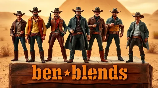 Prompt: Create a high-quality promotional brochure image showcasing a line of articulated toy action figures based on Clint Eastwood’s iconic cowboy characters from classic Western films. The scene should feature detailed action figures posed dynamically, wearing rugged Western outfits, complete with cowboy hats, ponchos, leather boots, and belts with revolvers. The figures should have serious, tough expressions reminiscent of Clint Eastwood’s characters from movies like 'The Good, The Bad, and The Ugly' and 'A Fistful of Dollars.' Include a desert landscape in the background with a dusty, sunlit atmosphere to evoke the Wild West setting. Display the figures on a rustic wooden platform with the words "ben_blends" in a vintage Western font burned into the wood of the platform, The color palette should have warm earth tones, with a focus on authenticity and ruggedness, highlighting the rough, gritty nature of the characters. The brochure layout should allow space for text, such as promotional details or branding, while still emphasizing the figures' features and atmosphere