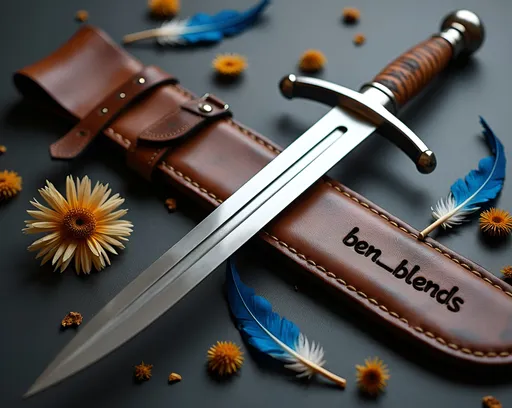 Prompt: a Gentleman's sword, sleek slim highly polished double edged sword, minimalist smooth hilt and pommel, simple elegant curves, letters stamped on sheath showing "ben_blends", weathered stained distressed leather sheath,  thick stitching, dried flowers and blue feathers scattered about the floor, high quality rendering, realistic 3D modeling, dramatic lighting, studio lighting effects, commercial photograph, transparent shadows, dynamic composition, product shot, intricate details, professional, highres, ben_blends design