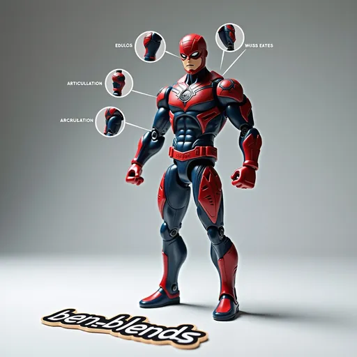 Prompt: Create a high-quality image of a toy action figure prominently displaying its articulation features. The figure should be in a dynamic pose that highlights the flexibility of its joints, such as bending at the knees, elbows, and shoulders. Include close-up shots of the articulation points (e.g., ball joints, hinges) to emphasize the range of motion. The figure should be set against a neutral background to avoid distractions, with a spotlight focused on the articulation areas. Incorporate labels or arrows indicating the articulated joints, and use a vibrant color scheme for the figure to make it visually appealing. The overall composition should convey the figure's playability and detailed craftsmanship, laying flat on the ground is a die cut sticker with the text "ben_blends", professional photography, studio environment