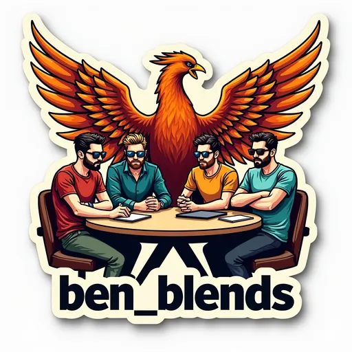 Prompt: die cut sticker, phoenix crest in background, 4 various men wearing sunglasses sitting at a table with a notepad and laptop, the words "ben_blends" underneath outlined, sticker, vector art