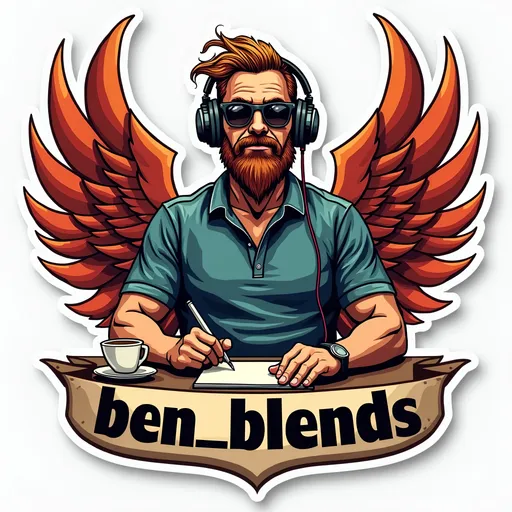 Prompt: die cut sticker, phoenix crested shield, a man wearing sunglasses with headphones sitting at a table with a notepad and a cup of coffee and a pen in his hand, the words "ben_blends" embossed underneath outlined, sticker, vector art