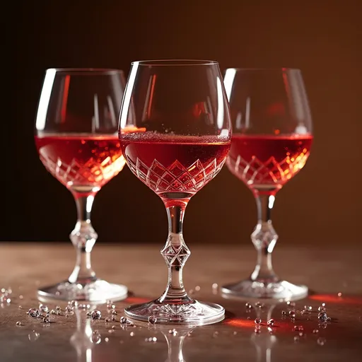 Prompt: Product shot, 3 crystal wide mouth long stemmed drinking glasses,  ornate bases, intricate geometric designs, thick red liquid coating the inside on the glass settling at the bottom, varying sized diamond sparkles on floor, warm studio environment, Studio Lighting, hyperrealism, high detail