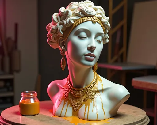 Prompt: rough carved wax statue(subsurface scattering), head neck shoulders of a women, Intricate delicate ornate necklace on, gold headband high on head,  elegant tilt to the head, eyes closed, gold paint goo splatter on a wooden turntable, and a jar of gold paint leaking out., studio lighting, pink rim light, art studio environment, photorealism, hyper real,