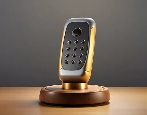 Prompt: futuristic handheld device with five buttons and a knob, 3 different materials, on a wooden base sitting on a table, studio environment, photorealistic, make it as a mock-up photo, 3 point lighting with yellow gold rim light, soft grey gradient background