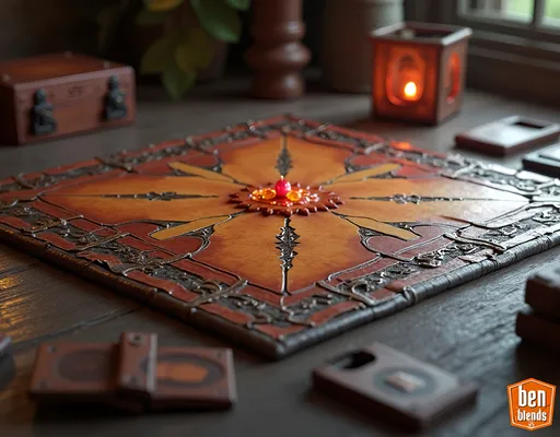 Prompt: a board game laying out (focal point), masculine, adventurous, dungeon crawler, wooden, leather, iron, amber, ruby, in the bottom right corner is crest shaped logo "ben_blends" (copyright symbol lowercase letters), high quality rendering, realistic 3D modeling, detailed components, studio lighting effects, warm transparent shadows, dynamic composition, product shot, intricate details, professional, highres, ben_blends design