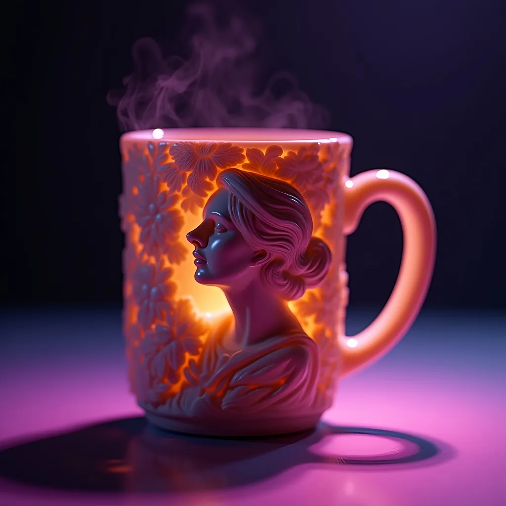 Prompt: carved (wax sculpture) coffee mug women, subsurface scattering,  soft studio lighting, dim purple rim light, art studio environment, product shot, photorealism, hyper real, light bloom