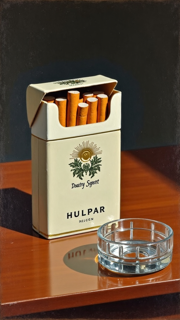 Prompt: (cigarette pack, wooden table), (lighter, ashtray), John Singer Sargent, close-up, clear, oil painting, minimal background, brush strokes