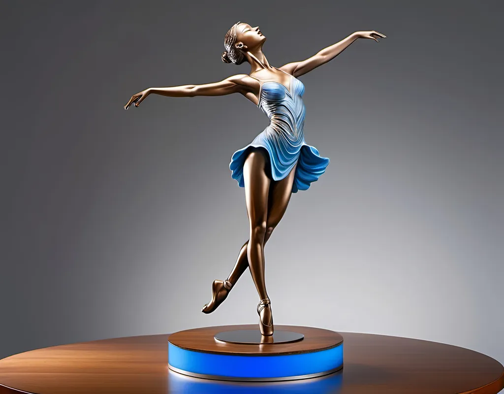 Prompt: a bronze statue, female dancer on a wooden base sitting on stainless steel table, studio environment, photorealistic, make it as a mock-up photo, 3 point lighting with blue rim light, soft grey gradient background