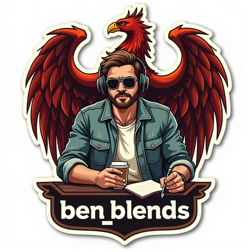 Prompt: die cut sticker, phoenix crested shield, a man wearing sunglasses with headphones sitting at a table with a notepad and a cup of coffee and a pen in his hand, the words "ben_blends" embossed underneath outlined, sticker, vector art