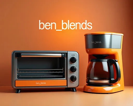 Prompt: Create a perfectly lit studio photograph featuring a nostalgic tech aesthetic with a vintage toaster oven and a classic coffee maker. The design should emphasize smooth lines and retro shapes, showcasing warm color accents of orange and black, complemented by brushed aluminum finishes. Include the logo 'ben_blends' in a rounded bold font, ensuring it is prominently displayed in a visible area on the back ground, easy to read. The background should be minimalistic, allowing the appliances and the logo to stand out as the focal point, highlighting their unique features and textures in an inviting and warm atmosphere