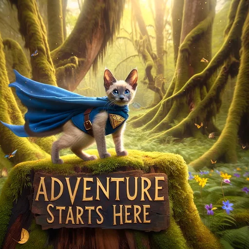 Prompt: At the top of the image, in bold, capitalized letters, include the text 'ADVENTURE STARTS HERE.' Below this text, create a brave Siamese kitten superhero standing confidently on a mossy tree stump in an enchanted forest. The kitten has large pointed ears, bright blue eyes, and is wearing a flowing blue cape with a golden emblem that faintly glows. The forest features tall, ancient trees with dappled sunlight streaming through the leaves, and vibrant wildflowers scattered around the stump. The kitten's fur is slightly tousled by a gentle breeze, and its stance is bold, ready for an adventure.