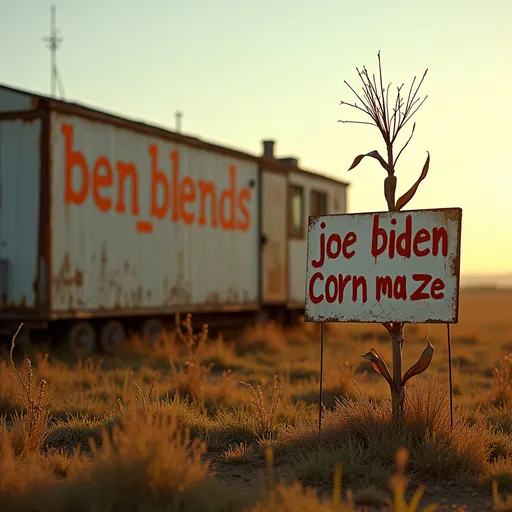 Prompt: Rural setting, "ben_blends" spray painted in orange on a rusty old single wide trailer, golden hour lighting,  in the foreground a sloppy hand-painted large sign in a stand, letter on sign "joe biden corn maze", one dead corn stalk plant standing upright growing from the ground