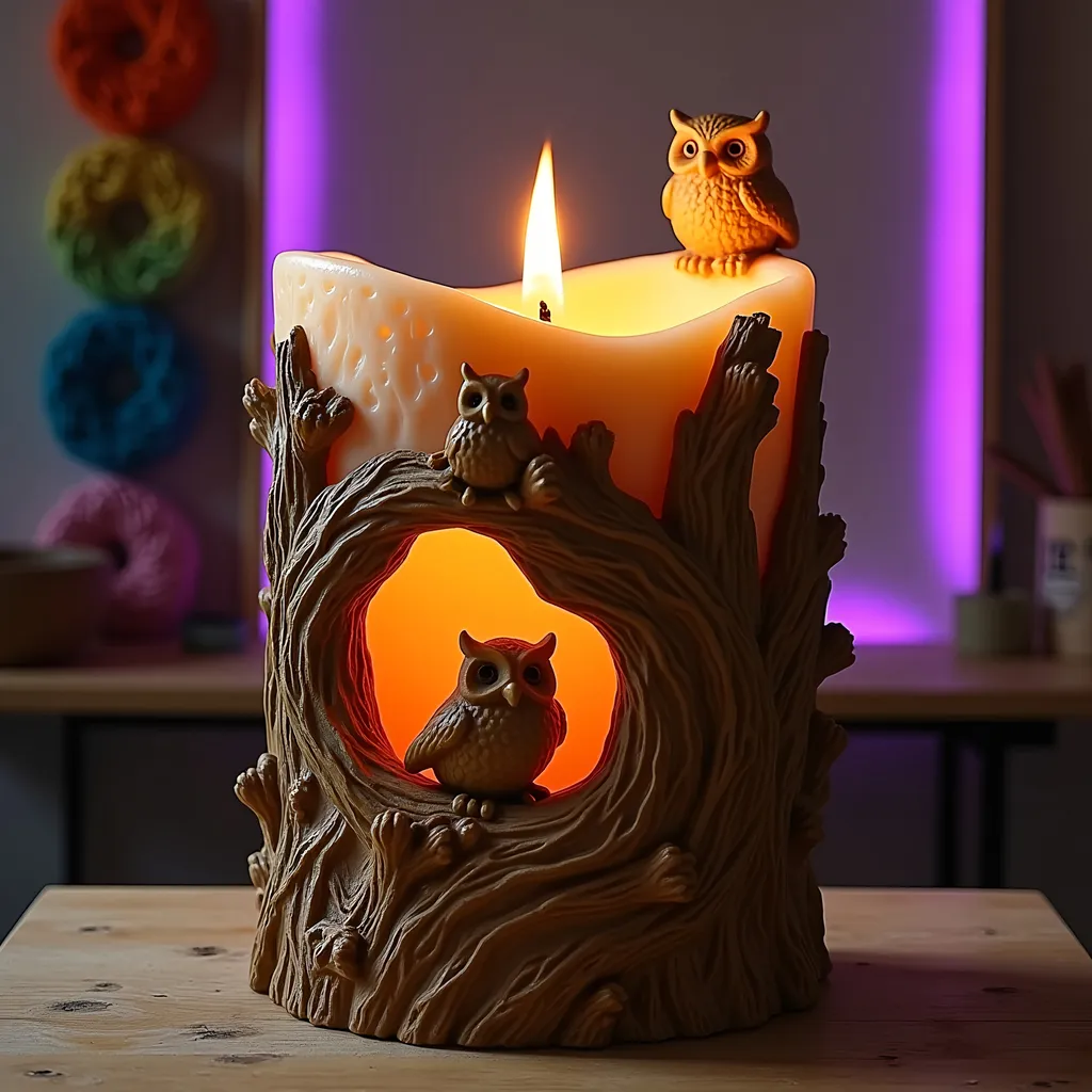 Prompt: oversized Wax candle sculpture(tree bark texture), tree bough with a hole in it wrapped around candle, low relief sculpture of 3 small owls looking out the hole, lit wick on top of the tree bough, geometric pattern colorful macrame hanging in the background behind, direct studio lighting, dim purple rim light, art studio environment, product shot, photorealism, hyper real, light bloom