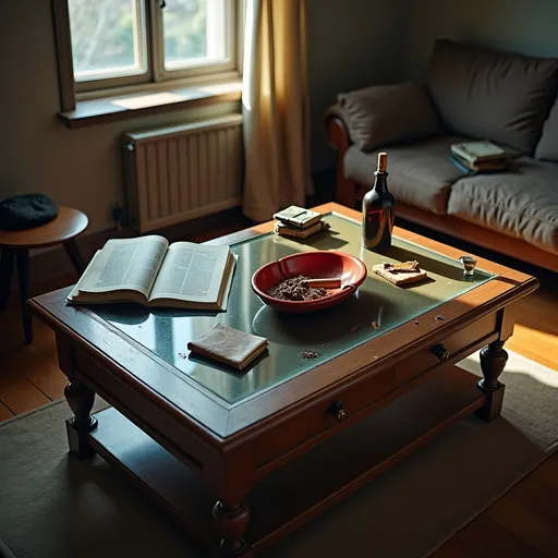 Prompt: rectangular coffee table (wooden), inset greasy glass top, water rings on glass, rough red ceramic oval ashtray (focal point), cigar butts inside,  on table, wrinkled open magazine on the corner, on the table empty dark bottle pack of empty crumpled cigarettes  deck of playing cards, loose change, key ring, old leather wallet, half eaten ham sandwich, old wool cap, dingy wool rug underneath on the floor. somber single small window apartment, Studio Lighting, hyperrealism, high detail