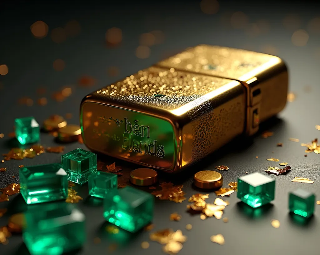 Prompt: Gold and black iron Zippo style lighter, lid is closed, the words "ben_blends laser cut on the side, various sized faceted cut emeralds and gold leaf foil scattered on the floor making dynamic interest, high quality rendering, realistic 3D modeling, industrial, detailed components, dramatic lighting, cool  lighting effects, commercial photograph, mechanical, intense shadows, dynamic composition, product shot, intricate details, metallic textures, professional, highres, ben blends design