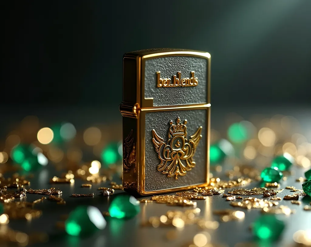 Prompt: Gold and black iron Zippo style lighter, lid is closed, the words "ben_blends laser cut on the side, various sized faceted cut emeralds and gold leaf foil scattered on the floor making dynamic interest, high quality rendering, realistic 3D modeling, industrial, detailed components, dramatic lighting, cool  lighting effects, commercial photograph, mechanical, intense shadows, dynamic composition, product shot, intricate details, metallic textures, professional, highres, ben blends design