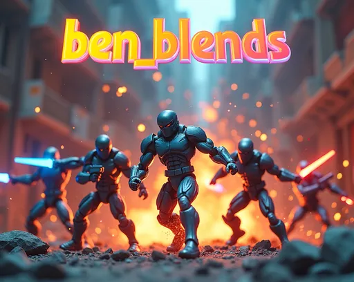 Prompt: Create a dynamic scene of action figures in an intense battle. The figures should be positioned in mid-action, showcasing a variety of dramatic poses like jumping, punching, and dodging, Above the figures include bold stylized text that reads “ben_blends” in a prominent eye-catching font, the text should be positioned to complement the action figure without obstructing key details, using a color that contrasts well with the background for visibility, The setting is an urban environment with crumbling buildings and debris, adding a sense of destruction and chaos. Each figure should have distinct features, including futuristic armor, glowing weapons, and exaggerated expressions. The scene should be filled with energy and motion, with sparks flying, rubble falling, and bright flashes of light from explosions or energy blasts. The color palette should be vibrant, with strong contrasts between the figures and the background to emphasize the intensity of the fight, wide angle shot, include the entire figure in the shot, studio lighting effects, commercial photograph, dynamic composition, intricate details, (professional product shot), ultra-detailed, high quality 4K clarity, artful balance of light and shade.