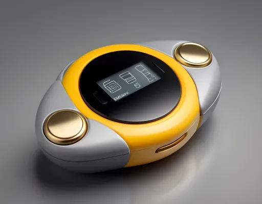 Prompt: futuristic handheld device (product shot),  five buttons and a thumbwheel knob, 3 different materials, resting on a table, studio environment, photorealistic, make it as a mock-up photo, 3 point lighting with yellow gold rim light, soft grey gradient background