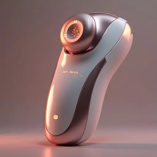 Prompt: (futuristic beauty device), handheld design, (elegant) ergonomic curves, sleek finish, (high-tech features), EMS technology, vibration function, heating element, modern aesthetics, (fashionable look), the words "ben_blends" engraved(focal point), metal and glass materials, (clean lines), illuminated interface, soft glow, (vibrant reflections), luxurious packaging, (ultra-detailed), professional product shot, (refined ambiance), high quality, 4K resolution. a ben_blends design.