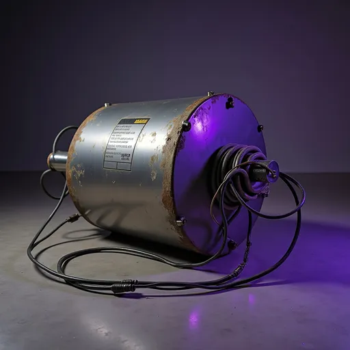 Prompt: brushed steel dents and dings sculpture,  tapered cylinder with twisted electrical cables and connectors flopping out the top laying on the floor, warning label decals, strong studio lighting, dim purple rim light, art studio environment, product shot, photorealism, hyper real, light bloom