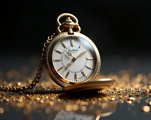 Prompt: pocket watch and chain, titanium body, frosted etched glass covering the face,  with small words "ben_blends", watch hands made of gold delicate intricate design, watch face has inlaid diamonds, NO numbers on the watch face, various sized gold flakes scattered on the floor making dynamic interest, high quality rendering, realistic 3D modeling, industrial, detailed components, dramatic lighting, cool lighting effects, commercial photograph, mechanical, intense shadows, dynamic composition, product shot, intricate details, metallic textures, professional, highres, ben blends design