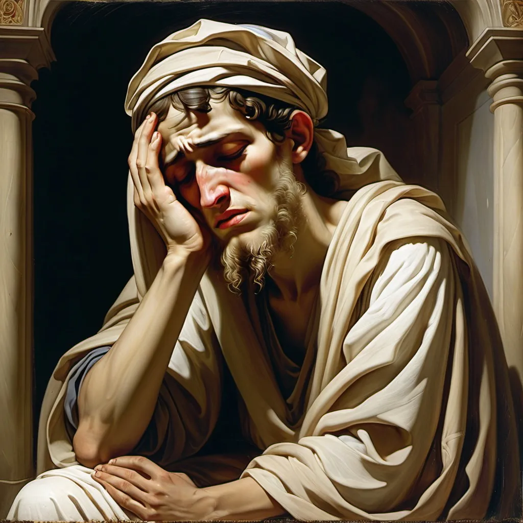 Prompt: The young prophet Jeremiah, weeping, sorrowful, dark, poor light, aged 20, Middle Eastern