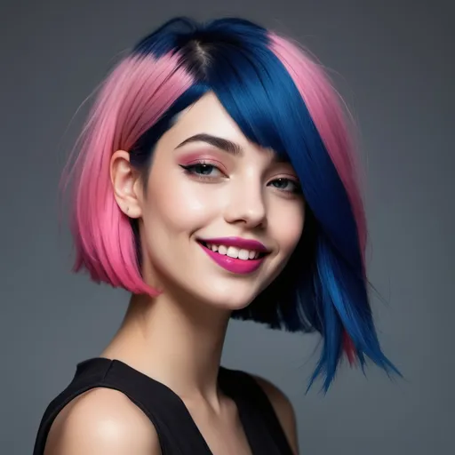 Prompt: A beautiful cool girl smiling, side profile with asymmetrical long blue bob, full dark pink lips