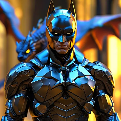 Prompt: **Image Prompt:**

Create a hyper-realistic 3D rendering of a character resembling a futuristic version of Batman, clad in advanced weapon armor. The armor should feature sleek lines, glowing accents, and high-tech elements that showcase his formidable presence. He stands confidently in the foreground, his expression determined and resolute.

Behind him, a majestic dragon with shimmering blue scales hovers, its powerful wings partially unfurled. The dragon’s piercing eyes add an air of intensity and mystery to the scene.

Utilize a shallow depth of field to keep the focus on the armored figure while softly blurring the background, enhancing the dramatic impact. The lighting should be dynamic, casting highlights and shadows that accentuate the intricate details of the armor and the vibrant texture of the dragon.