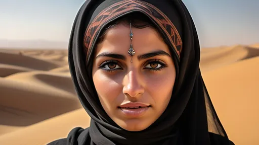 Prompt: Create an image that is ultra realistic and 4k based on the following text:

An Arab Bedouin woman exudes grace and strength, embodying the deep traditions of desert life. Her complexion is sun-kissed from the harsh desert sun, and her dark, expressive eyes reflect wisdom and resilience. She is often adorned in traditional attire, a long, flowing black or dark-colored abaya or robe, providing protection from the sun and sand. This is typically complemented by a hijab or a face-covering veil (niqab), which might be embroidered with intricate, geometric patterns, symbolizing cultural stories or tribal heritage.

Her posture is upright and dignified, reflecting her role as a pillar in her family and community. Often, she might be seen carrying water, tending to livestock, or weaving textiles, as Bedouin women are deeply connected to their nomadic lifestyle. Her hands are skillful, weathered by years of labor, yet graceful as they manage everyday tasks.

Jewelry, such as silver bangles, necklaces, and earrings, often adorns her, each piece possibly passed down through generations, symbolizing both beauty and status. Her quiet demeanor masks a strength forged by the challenges of desert life, embodying the Bedouin spirit of endurance, adaptability, and deep connection to the natural world.