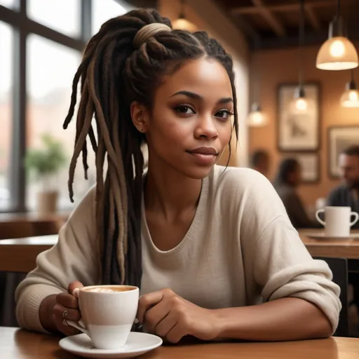 Prompt: (realistic portrait of a woman drinking coffee at a table), (black woman with dark dreadlocks in a ponytail), cozy ambiance, warm lighting, soft focus background, serene expression, delicate coffee cup, earthy color tones, detailed facial features, casual attire, inviting atmosphere, high quality, ultra-detailed.