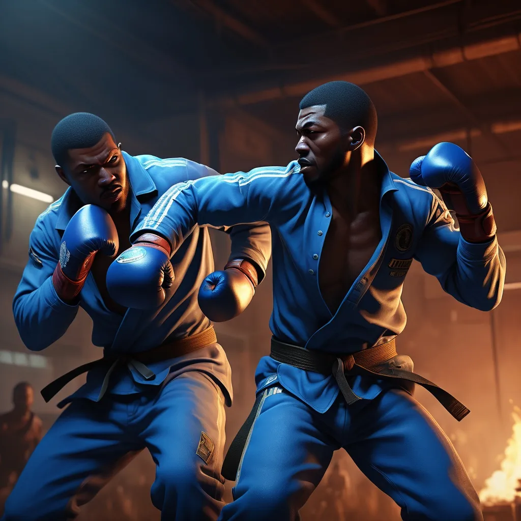 Prompt: (realism style), warm color scheme, (highly detailed) depiction of “the blues fighters”, dynamic and intense atmosphere, (gripping action), atmospheric lighting, conveying emotion and tension, backgrounds blending blues and warm hues, showcasing movement and energy, making it feel alive and powerful, (4K ultra-detailed) for high visual quality.