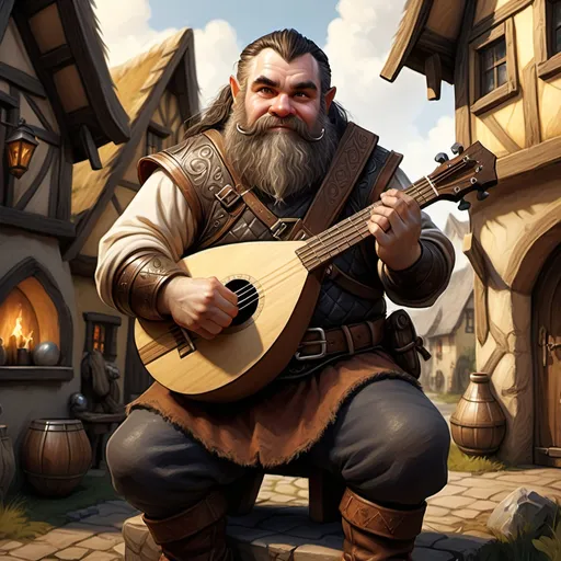 Prompt: hyper-realistic dwarf male character with a lute, fantasy character art, illustration, dnd, warm tone at a village, 34 years old lead band member, black hair