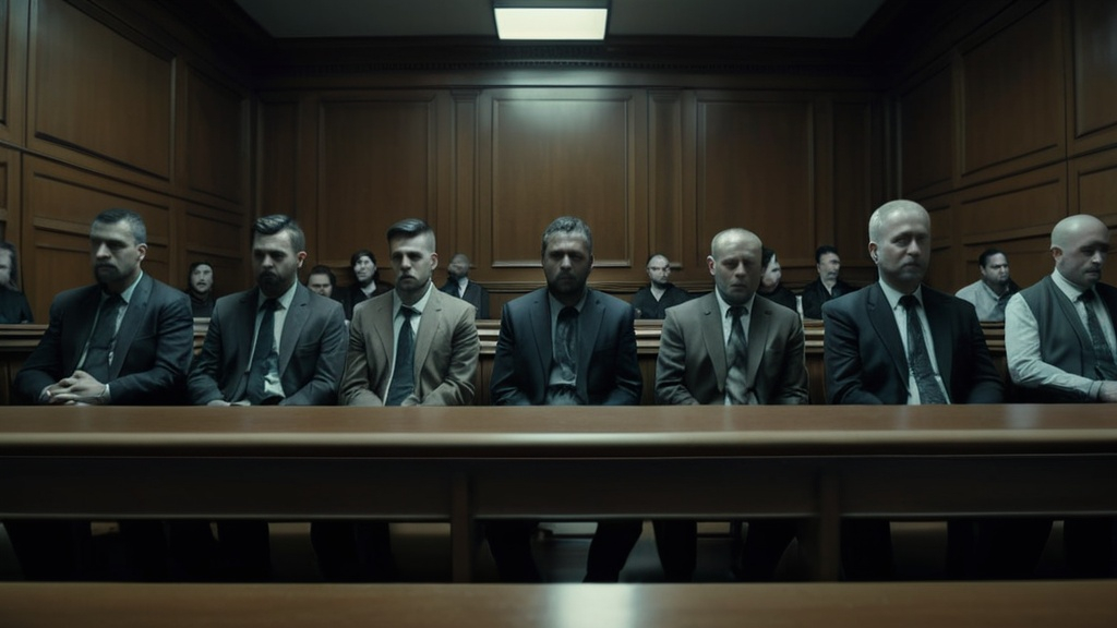 Prompt: ten men sitting side by side in a courtroom, (lonely expressions), facing the camera, (dramatic lighting), cold tones, intricate details of courtroom architecture, (highly detailed) surroundings, somber atmosphere, empty benches behind them, intense atmosphere, evokes a feeling of isolation and tension, (4K resolution)