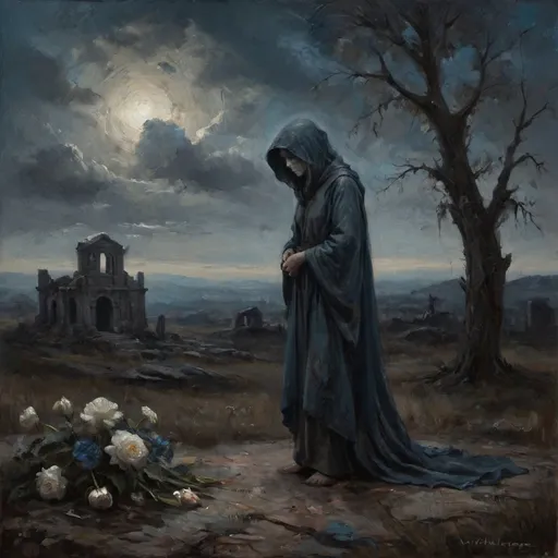 Prompt: "Create a contemporary painting that evokes the emotional depth and mastery of classical grand masters, infused with a modern sensibility. The composition should feature a solitary figure, cloaked in shadow, standing amidst a desolate landscape that suggests the remnants of a once-vibrant world. Use a rich, muted color palette of deep blues, grays, and earth tones to establish a somber, reflective atmosphere.

Incorporate dramatic chiaroscuro to highlight the figure’s expressions of sorrow and contemplation, drawing the viewer’s eye to the haunting interplay of light and shadow. Surround the figure with symbolic elements—wilted flowers, crumbling ruins, or fading light—to represent the themes of loss and mortality.

The background should be layered with textures that evoke decay and nostalgia, perhaps with hints of ethereal landscapes that blur the line between reality and memory. The overall tone should be profoundly moody and introspective, inviting viewers to reflect on the transient nature of life and the inevitability of death."