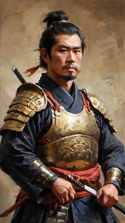 Prompt: Prompt for OpenAI: George Dawe Style Painting
create a painitng of a samurai warrior in full armour
Create a painting in the style of George Dawe, focusing on a historical figure of your choice. Emphasize detailed facial features, dramatic lighting, and a rich color palette to capture the essence of the subject. The background should be simple yet elegant, enhancing the figure's prominence. Incorporate elements that reflect the subject's achievements or era, adding depth and context to the composition. Aim for a sense of dignity and character, reminiscent of Dawe’s renowned portrait style.