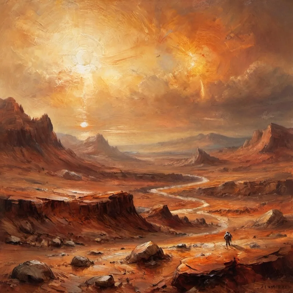 Prompt: "Create a landscape painting inspired by the atmospheric style of J.M.W. Turner, depicting the dramatic terrain of Mars. Capture the planet’s rugged, otherworldly landscape with swirling clouds of dust and vivid, fiery hues. Use a rich color palette of deep reds, burnt oranges, and muted browns to evoke the planet’s arid environment, contrasted with ethereal washes of pale yellows and whites to represent the harsh sunlight filtering through the thin Martian atmosphere.

Incorporate Turner’s signature technique of dynamic brushwork to convey movement in the sky, creating a sense of turbulence and energy. Feature distant mountains or craters with soft, impressionistic edges, inviting the viewer to feel the vastness and isolation of the Martian landscape.

Foreground elements could include jagged rocks or mysterious formations, their textures rendered with expressive strokes to enhance the feeling of raw, natural beauty. The overall composition should reflect a sense of wonder and awe, capturing the sublime essence of Mars while paying homage to Turner’s ability to convey light, mood, and the ephemeral nature of the sublime."