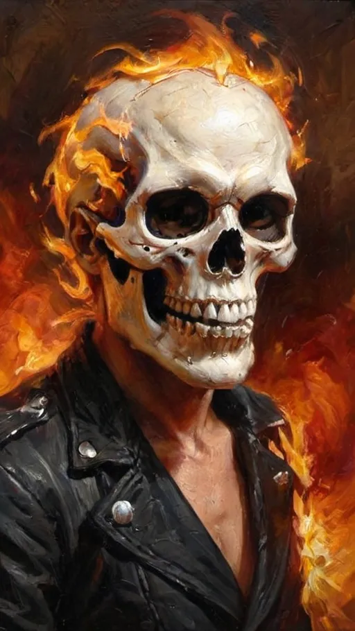 Prompt: Prompt for OpenAI: George Dawe Style Painting
create a painitng of the Ghost Rider with the flaming skull
Create a painting in the style of George Dawe, focusing on a historical figure of your choice. Emphasize detailed facial features, dramatic lighting, and a rich warm color palette to capture the essence of the subject. The background should be simple yet elegant, enhancing the figure's prominence. Incorporate elements that reflect the subject's achievements or era, adding depth and context to the composition. Aim for a sense of dignity and character, reminiscent of Dawe’s renowned portrait style.