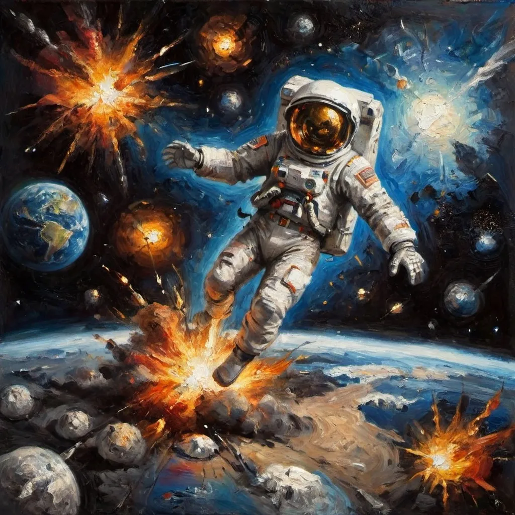 Prompt: the earth exploding in space, chunks flying all over,a lone spaceman lost to the darkness,