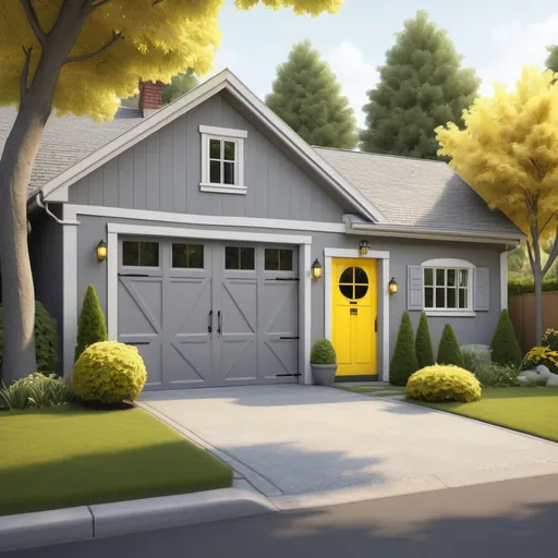 Prompt: gray garage with a yellow door, (realistic detail), lush tree in front, charming yard, yellow door accent, (Esaias Boursse style), vibrant and inviting, soft natural lighting, warm inviting atmosphere, (photorealistic), meticulously detailed, (4K HD quality), serene suburban setting.