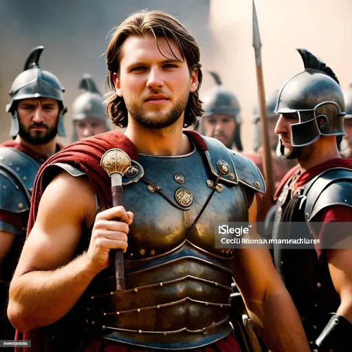 Prompt: a handsome and fearless Ancient Roman centurion is standing in the midst of pitched battle commanding his legionaires and figting off the numerous attackers with his sword, ancient battle, siege, war, carnage, fire, smoke, Ancient Roman atmosphere