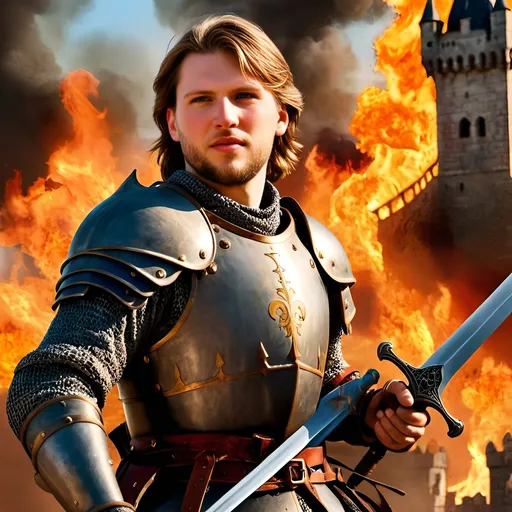 Prompt: (youthful, fearless knight), standing boldly on a (burning castle rampart), bravely fighting off (numerous attackers) with a (broadsword), depicting a fierce medieval battle. Surrounding chaos, flames and smoke swirl, enhancing the (dramatic atmosphere). Rich, vibrant colors capturing the intensity of (war), (carnage), and the perilous struggle. (Ultra-detailed), high-quality composition.