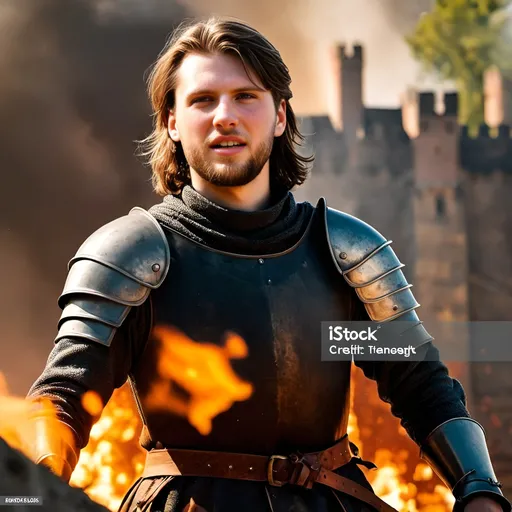 Prompt: a young handsome and fearless knight is standing on a burning castle rampart figting off the numerous attackers with his broadsword, medieval battle, siege, war, carnage, fire, smoke, medieval atmosphere