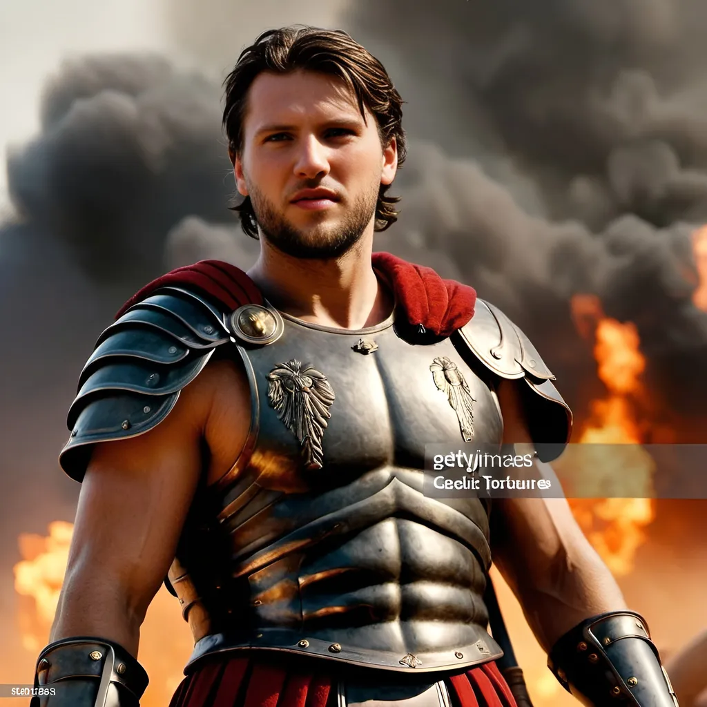 Prompt: (handsome Ancient Roman centurion), standing fiercely amidst a pitched battle, commanding legionnaires, wielding a sword against numerous attackers, (dramatic expression), intense (siege atmosphere), (war chaos), swirling fire and thick smoke around, gritty details, (urtagtextures), dynamic composition, gravitas, (4K ultra-detailed), capturing the essence of Ancient Roman warfare and valor.