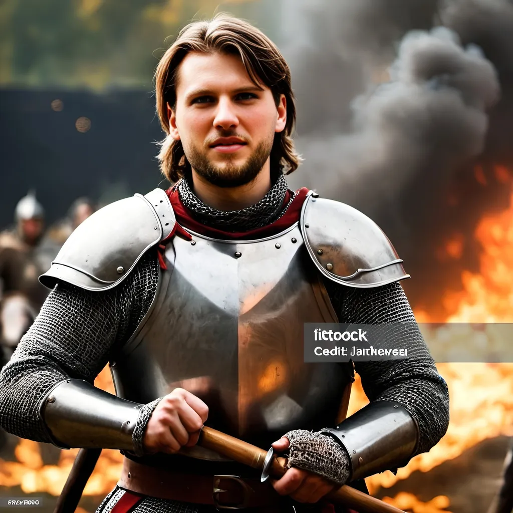 Prompt: a handsome and fearless knight is standing in the midst of medieval battel figting off the numerous attackers with his broadsword, medieval battle, siege, war, carnage, fire, smoke, medieval atmosphere