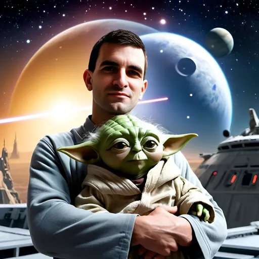 Prompt: (youthful and handsome man hugging Master Yoda), vibrant ambiance, (happy atmosphere), command bridge of the Millennium Falcon, R2-D2 beside, stunning planet and stars in the background, high-quality rendering, sci-fi elements, dynamic energy, light effects on faces, cinematic colors, joyful expressions, adventure in space, highly detailed.