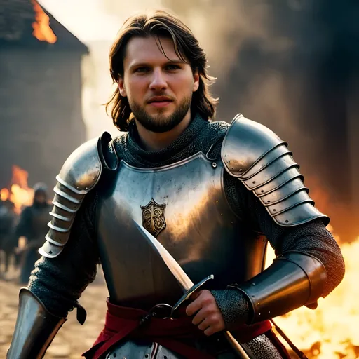 Prompt: (handsome and fearless knight), standing boldly in the midst of a chaotic medieval battle, striking down numerous attackers with a gleaming broadsword, surrounded by carnage and fierce warfare, dramatic flame and smoke rising in the vibrant medieval atmosphere, a sense of valor and bravery, high-detail action scene, cinematic lighting, epic scale, 4K.